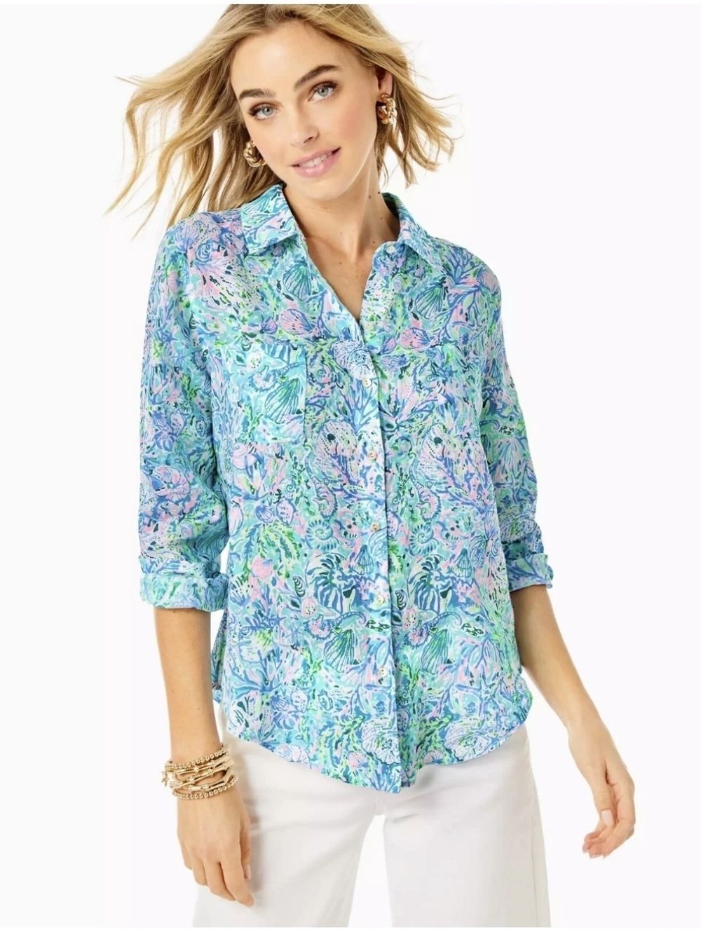 Lilly Pulitzer Sea View Linen Button Down Top Color Surf Blue Soleil It On Me XS